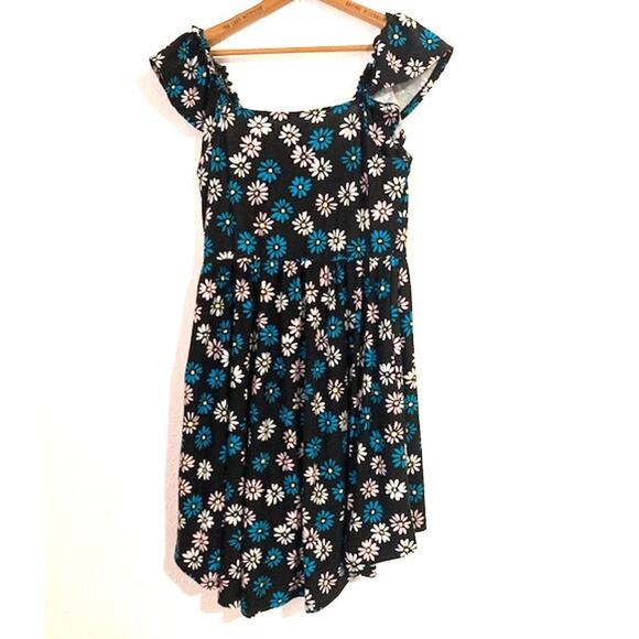 Black and Blue FLORAL High-Low Dress - Flutter Sleeve Dress - Picture 11 of 13